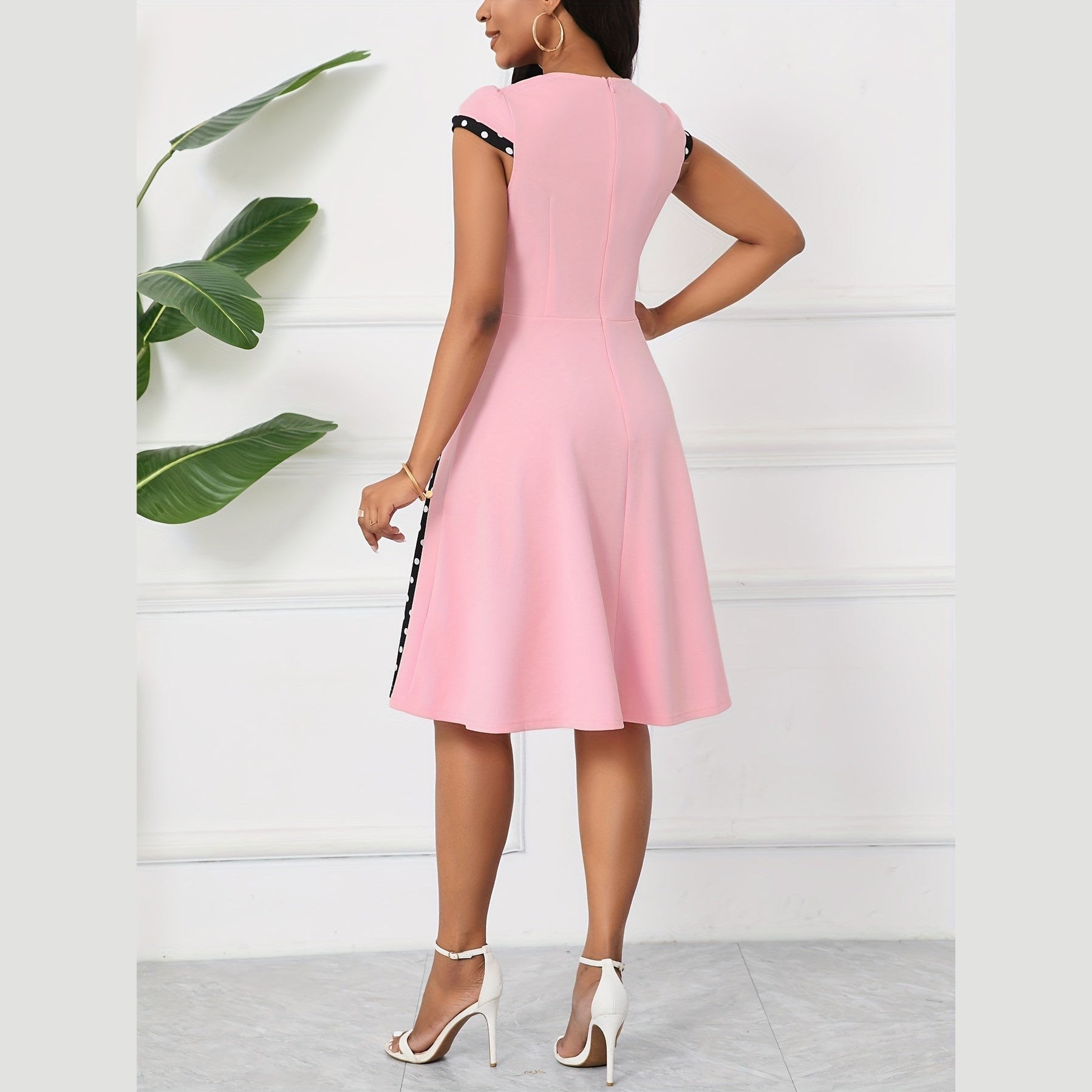 Women’s Polka Dot A-Line Dress – Square Neck with Decorative Buttons