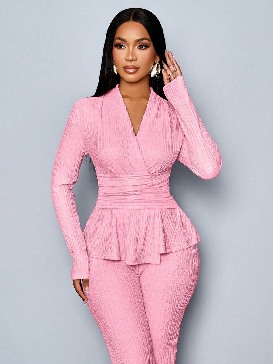 Women’s V-Neck Long Sleeve Top and Wide Leg Pants Set