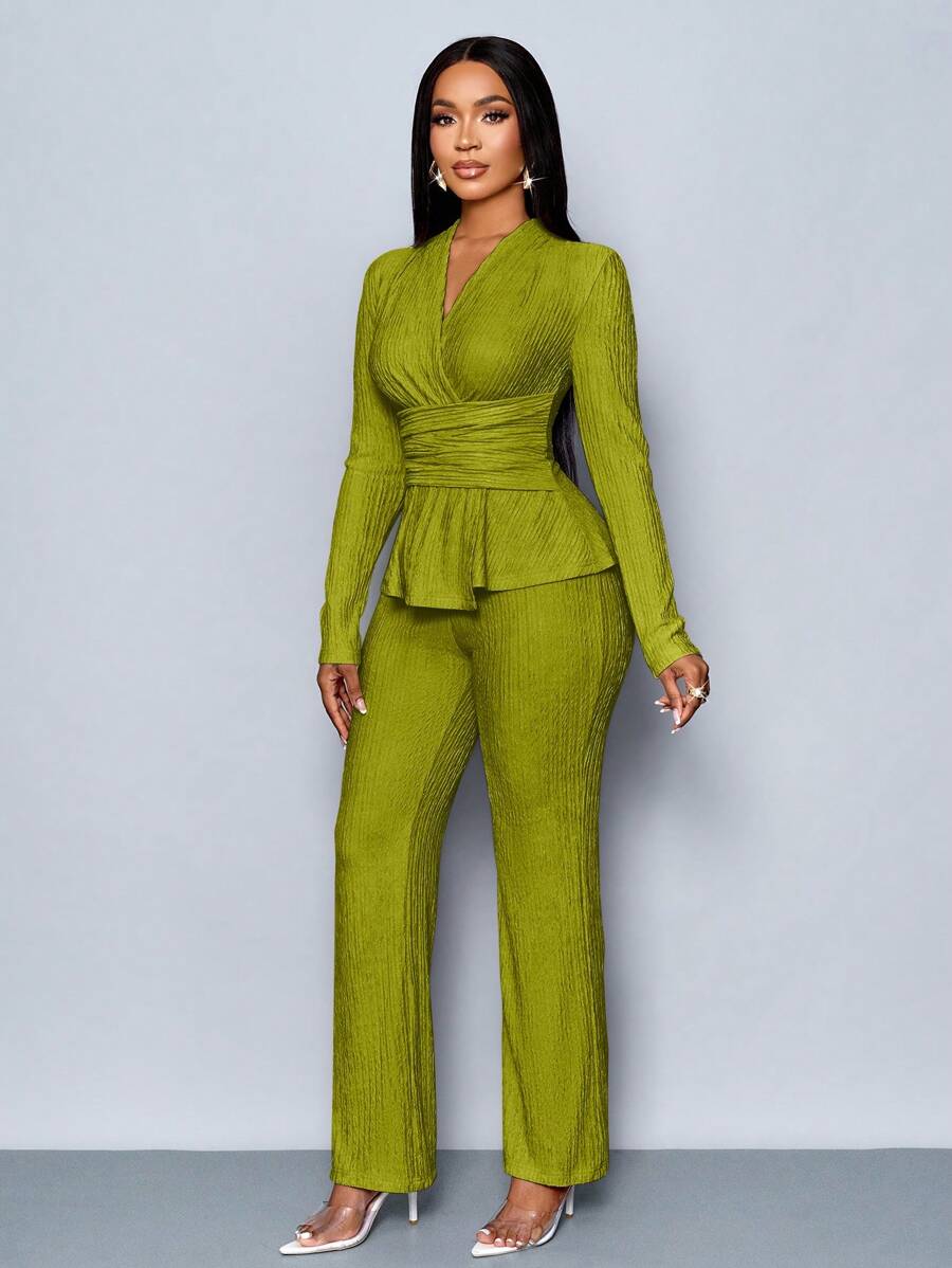 Women’s V-Neck Long Sleeve Top and Wide Leg Pants Set