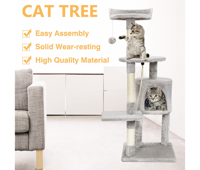 Hanging plush ball toy on cat activity centre

