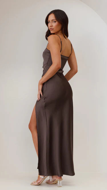 Maxi Satin Dress with Spaghetti Straps & High Slit
