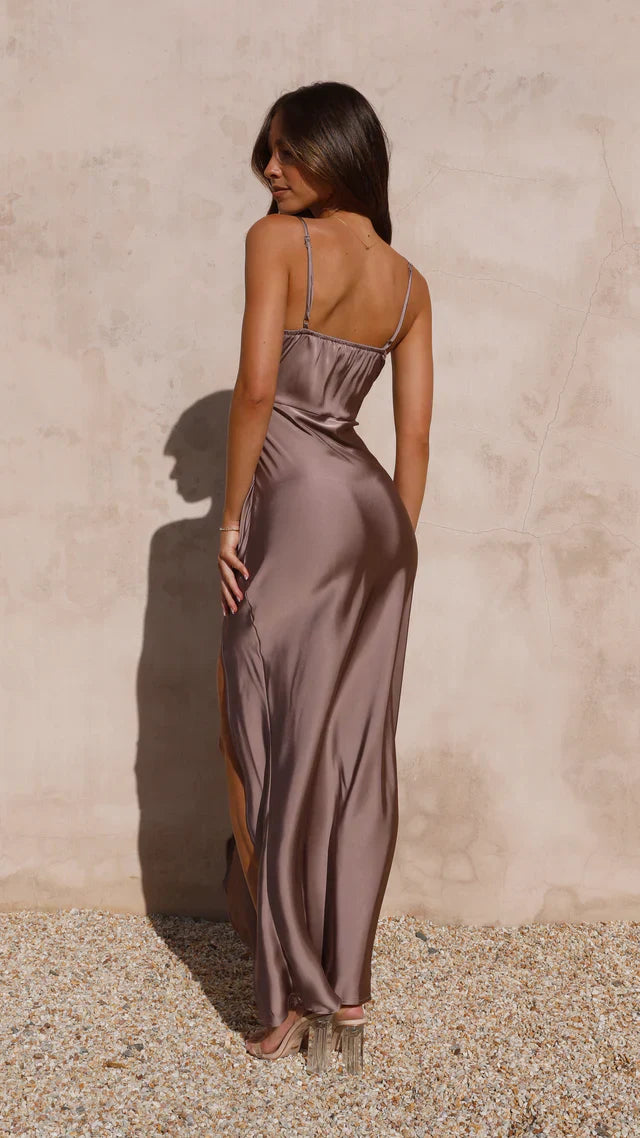 Maxi Satin Dress with Spaghetti Straps & High Slit