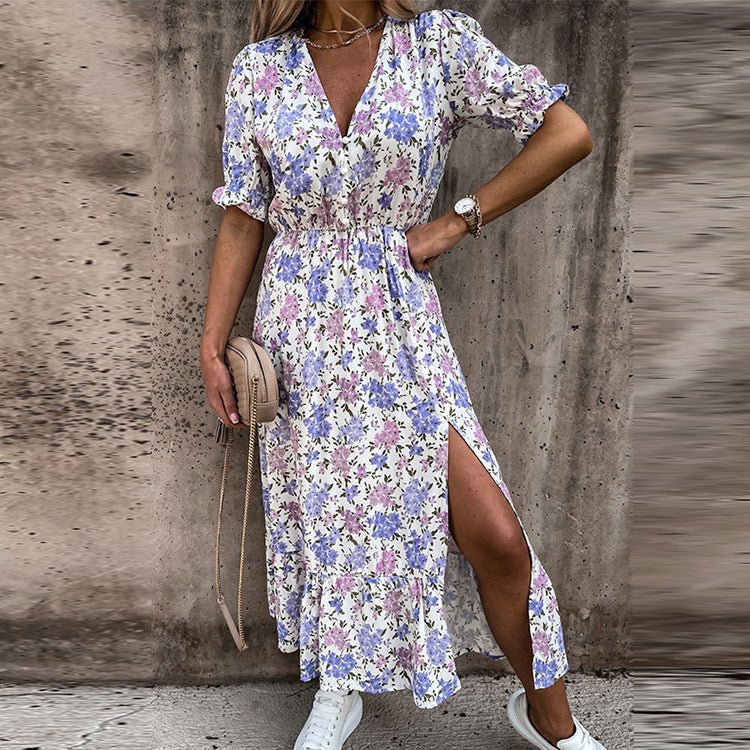 Floral Summer Dress with Buttons & Slit – Feminine & Comfortable
