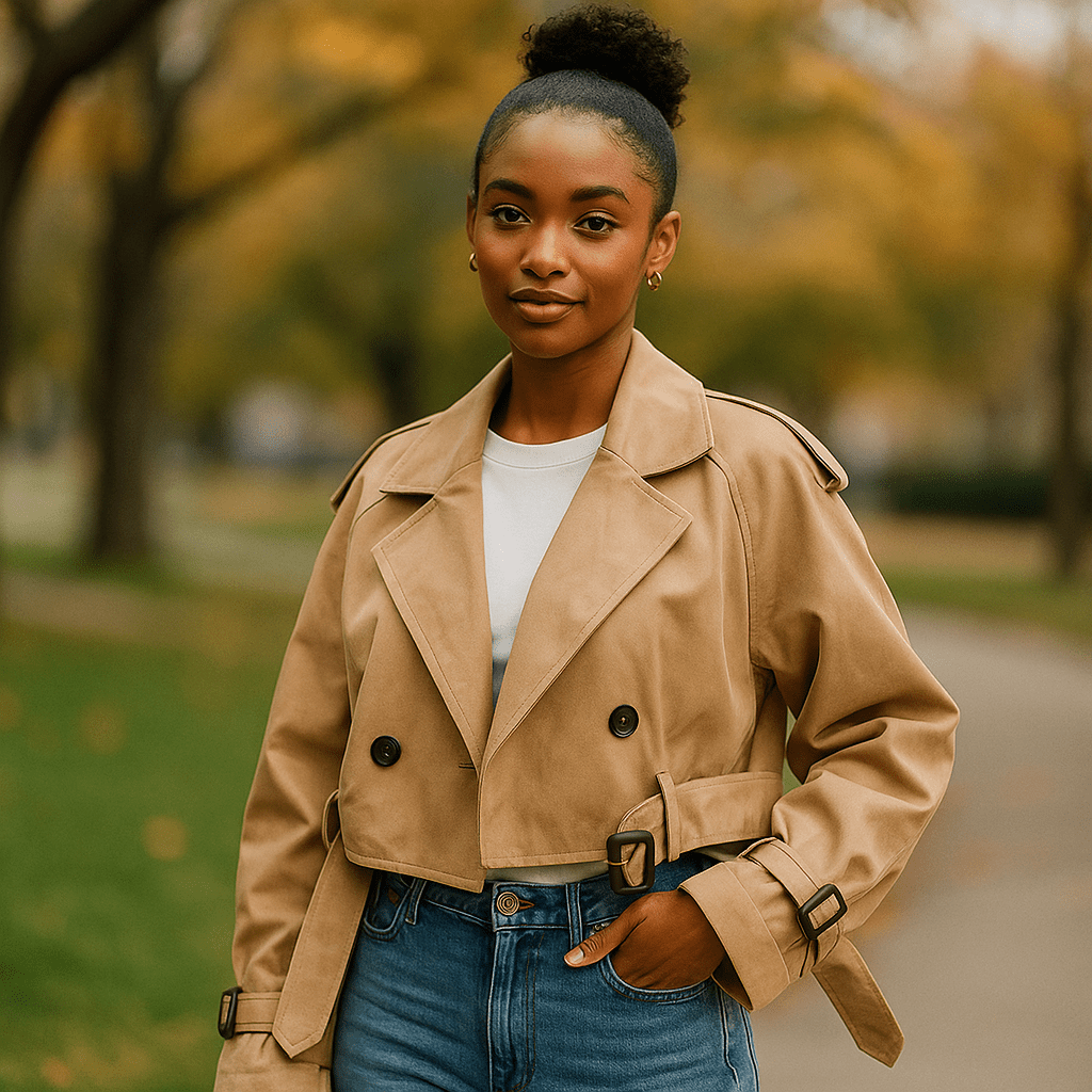 Women's Boxy Short Trench Coat - Double-Breasted, Waist-Length