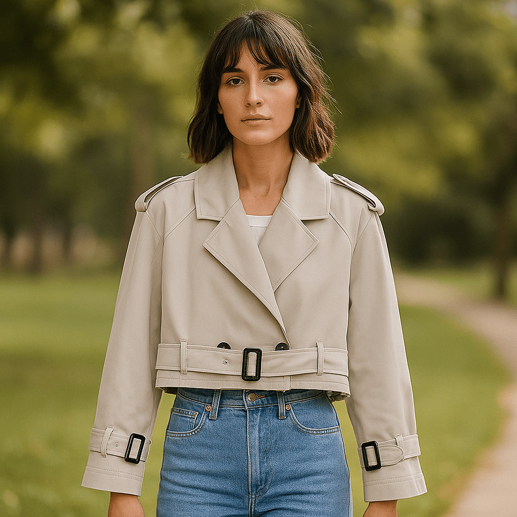 Women's Boxy Short Trench Coat - Double-Breasted, Waist-Length