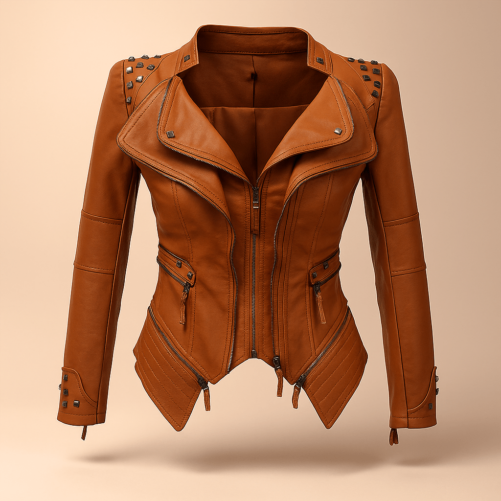 Fitted Biker Leather Jacket - Studded Collar & Cuffs