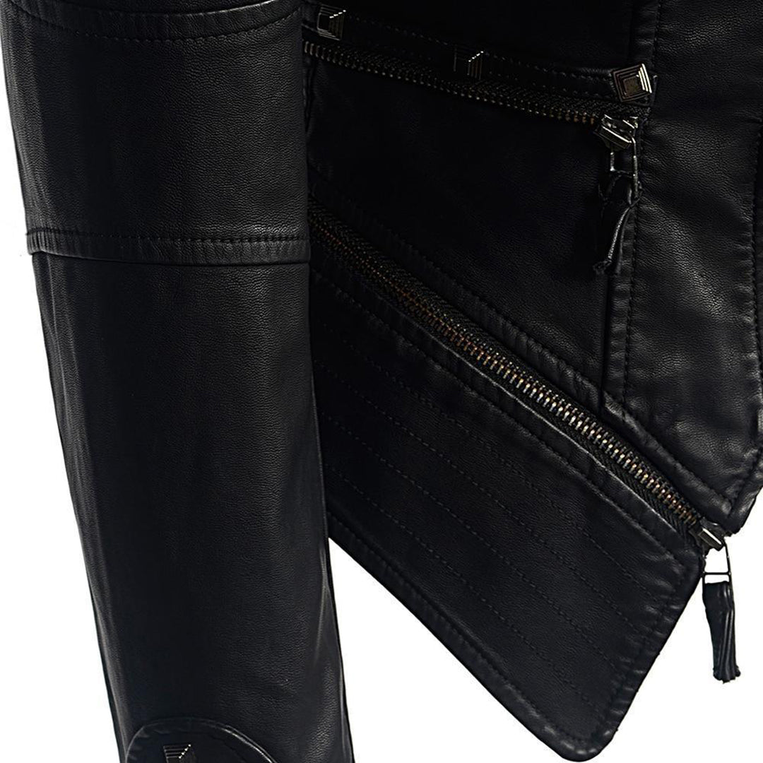 Fitted Biker Leather Jacket - Studded Collar & Cuffs