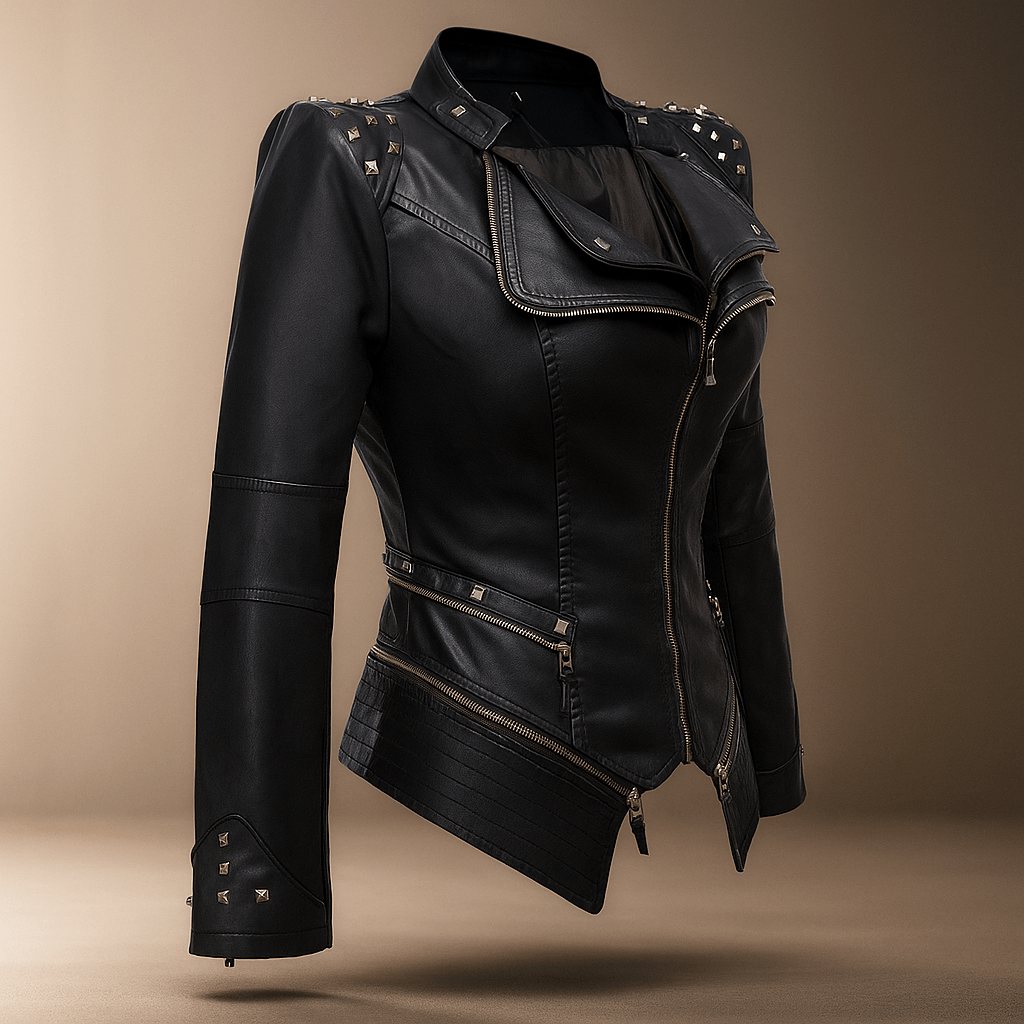 Fitted Biker Leather Jacket - Studded Collar & Cuffs