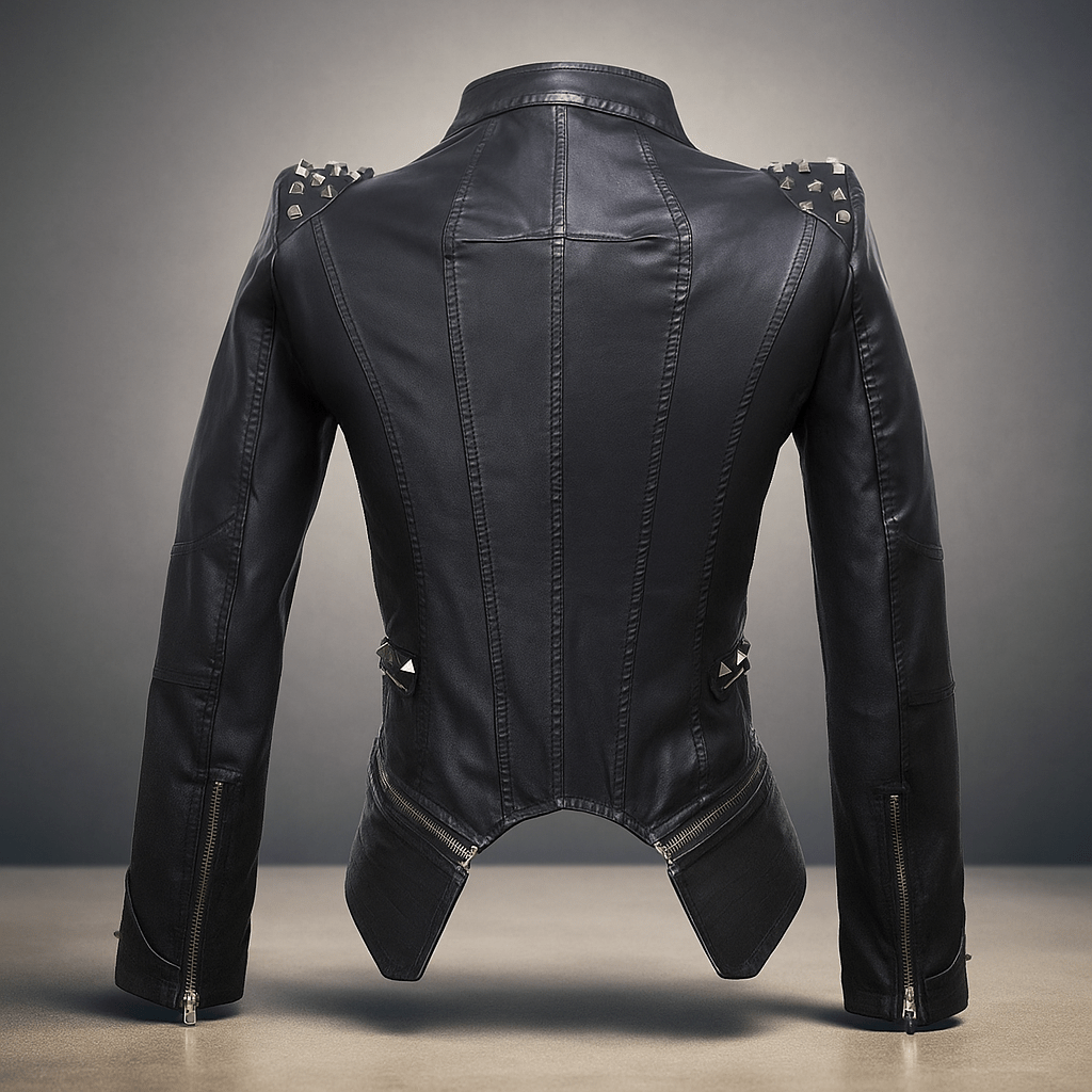 Fitted Biker Leather Jacket - Studded Collar & Cuffs