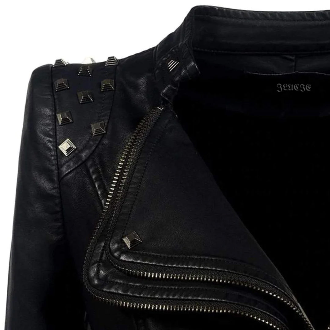 Fitted Biker Leather Jacket - Studded Collar & Cuffs