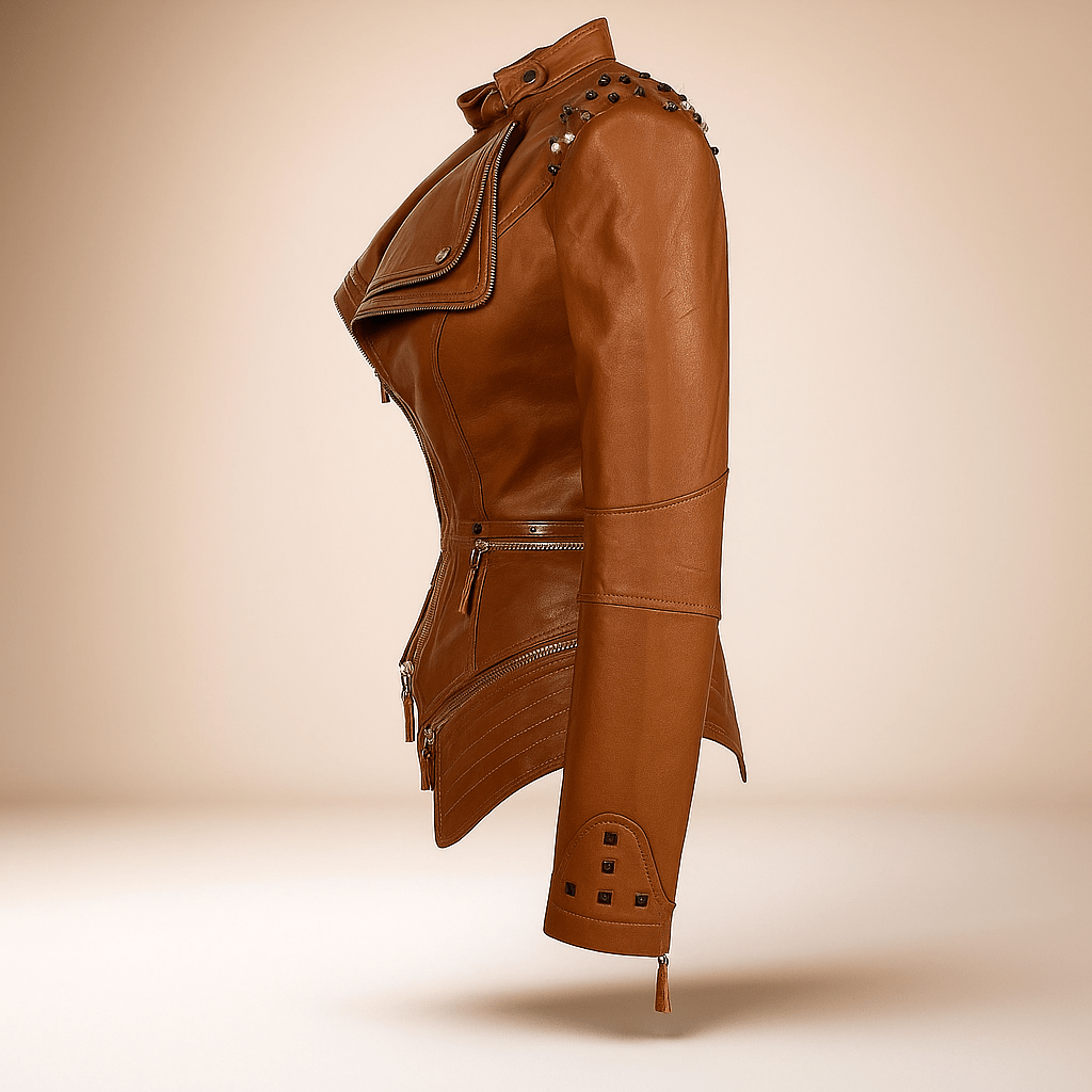 Fitted Biker Leather Jacket - Studded Collar & Cuffs