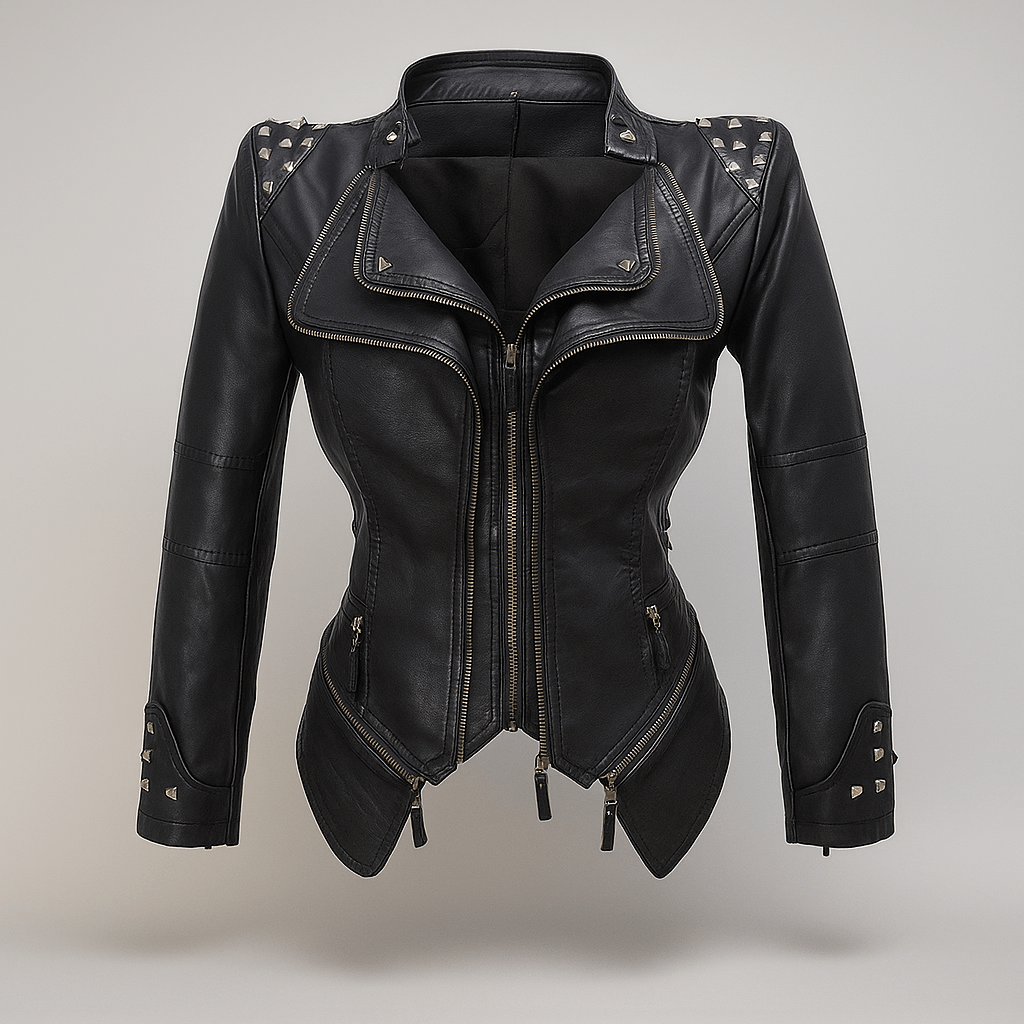 Fitted Biker Leather Jacket - Studded Collar & Cuffs