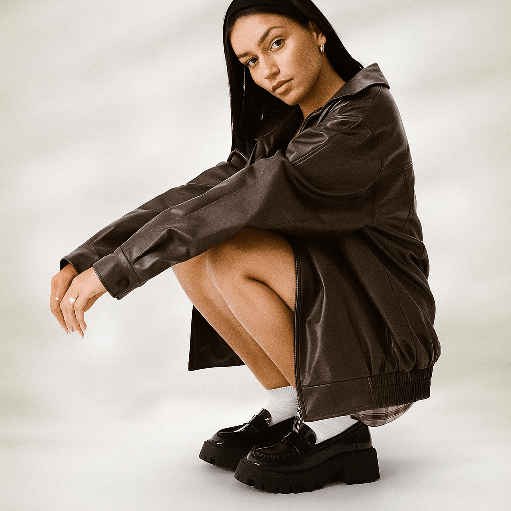 Women's Oversized Leather Jacket - Hip Length, Zipper Closure