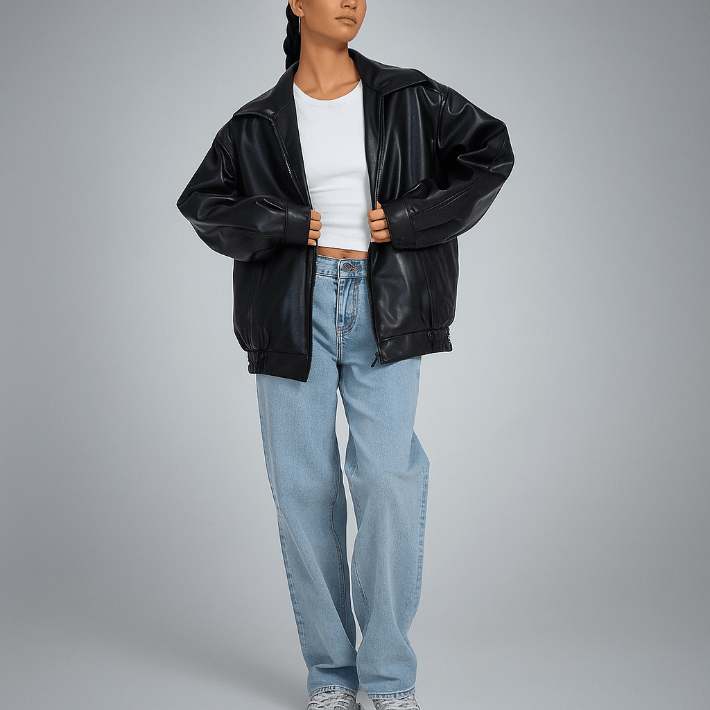 Women's Oversized Leather Jacket - Hip Length, Zipper Closure