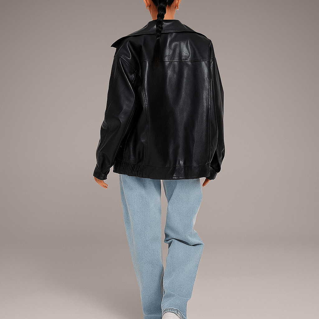 Women's Oversized Leather Jacket - Hip Length, Zipper Closure