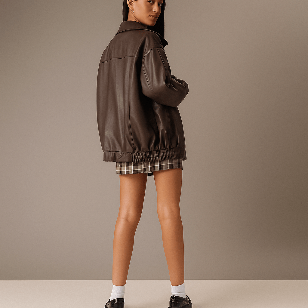 Women's Oversized Leather Jacket - Hip Length, Zipper Closure