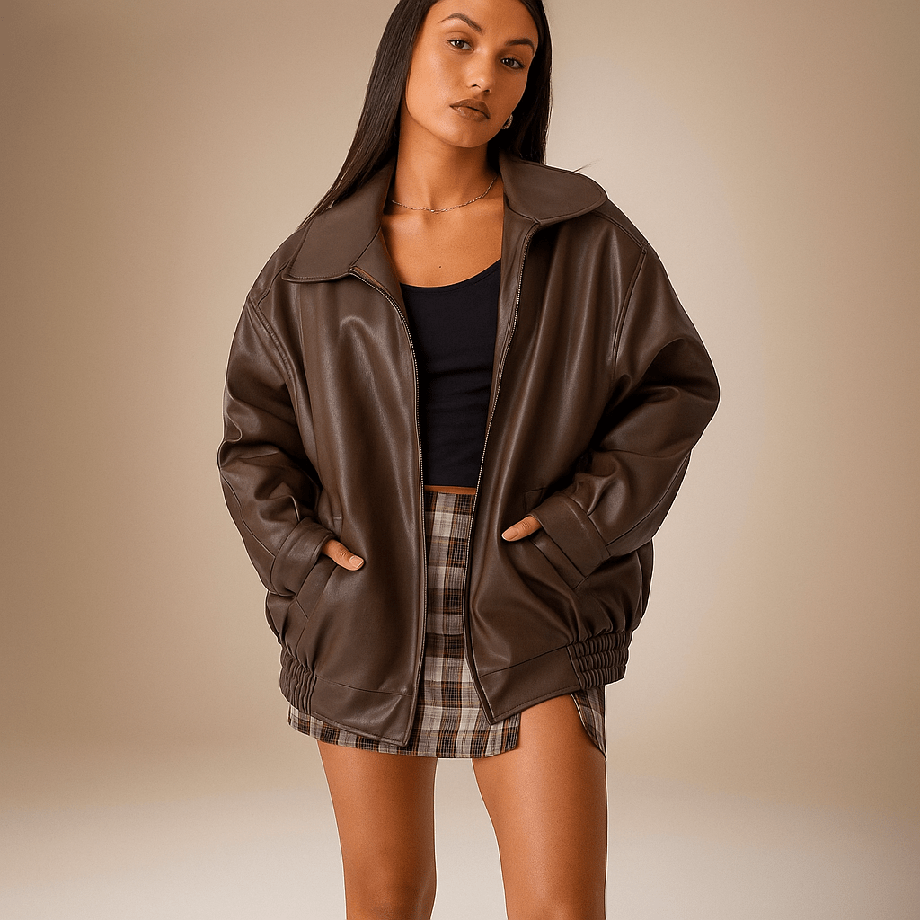 Women's Oversized Leather Jacket - Hip Length, Zipper Closure