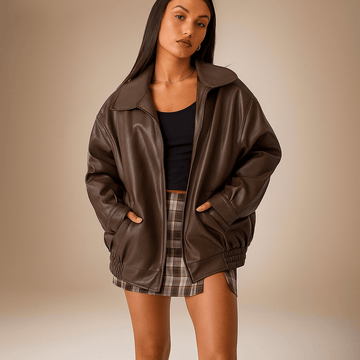 Women's Oversized Leather Jacket - Hip Length, Zipper Closure