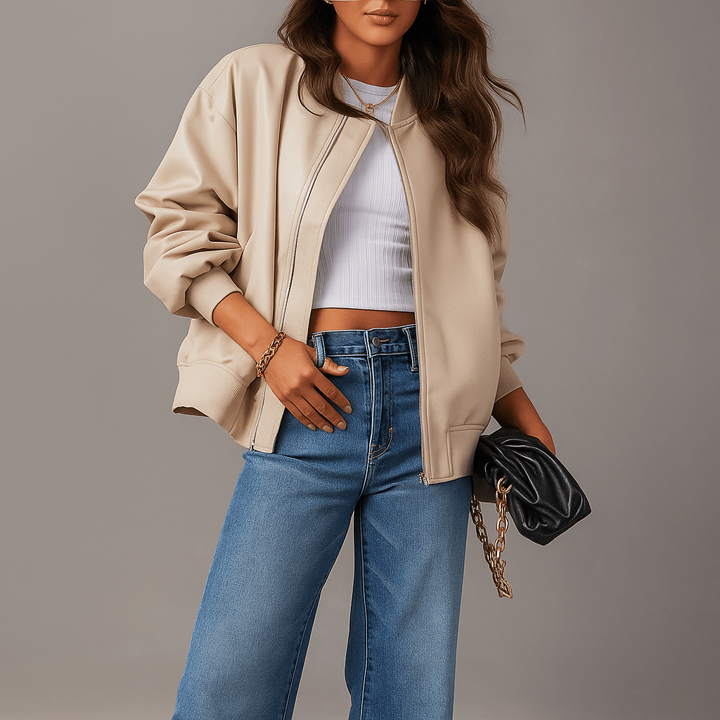 Women's Oversized Leather Jacket with Zipper - Hip Length