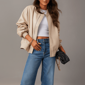 Women's Oversized Leather Jacket with Zipper - Hip Length