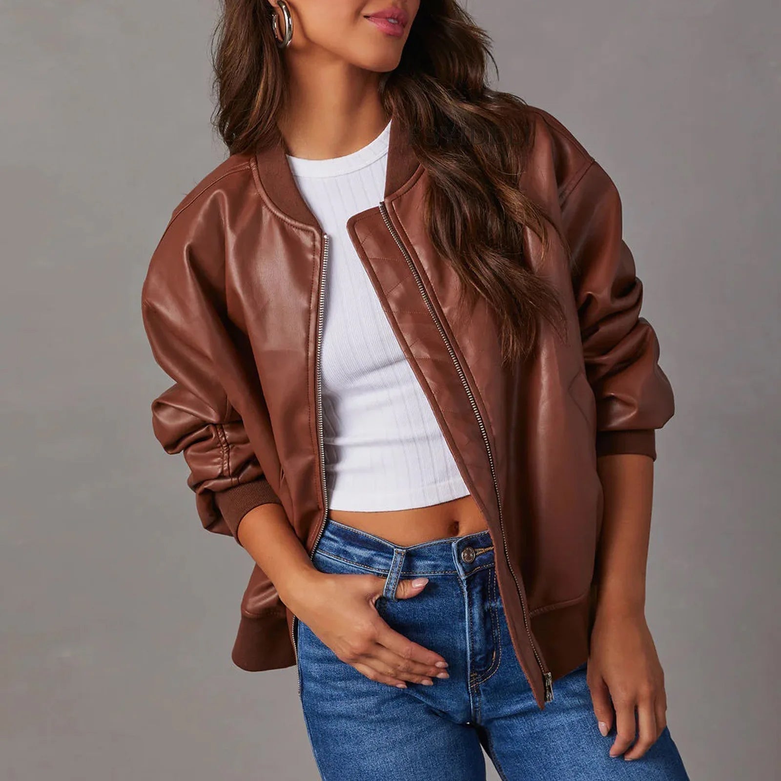 Women's Oversized Leather Jacket with Zipper - Hip Length