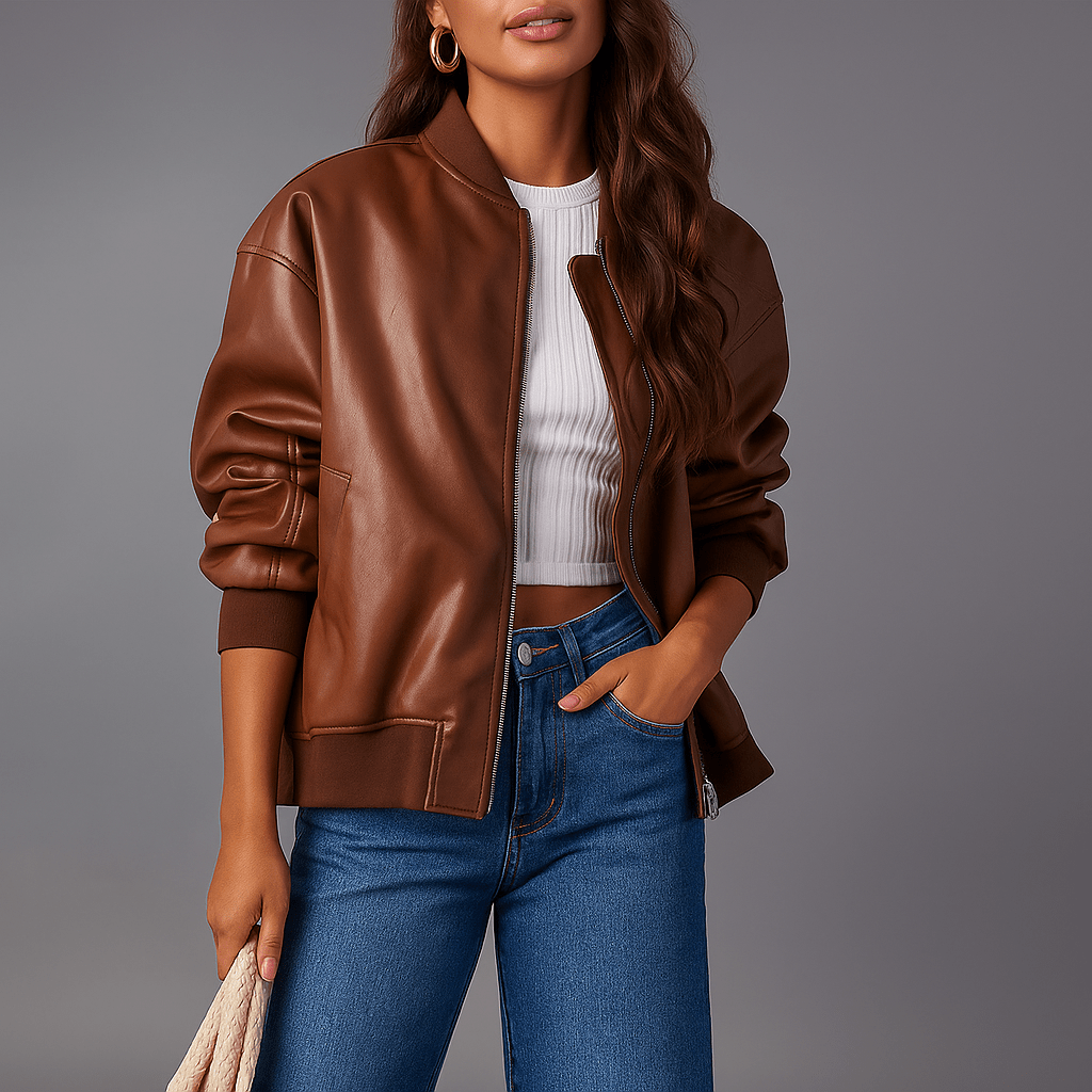 Women's Oversized Leather Jacket with Zipper - Hip Length