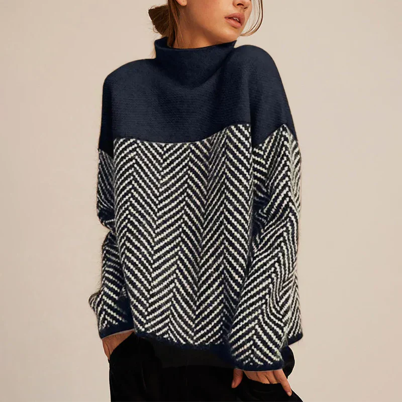 Navy blue women’s contrast high neck knit sweater front view