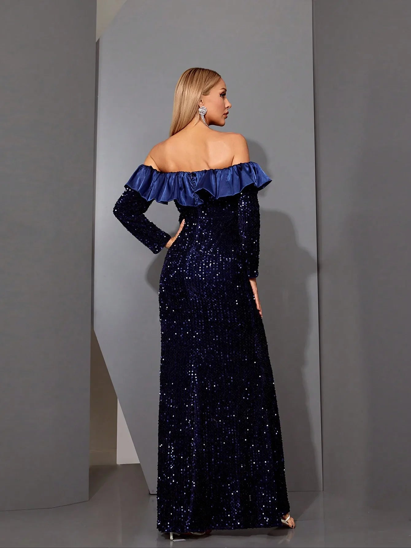 Navy Sequin Off-Shoulder Gown – Long Sleeve Formal Dress