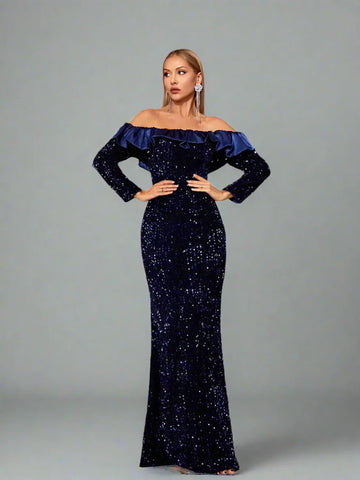 Navy Sequin Off-Shoulder Gown – Long Sleeve Formal Dress