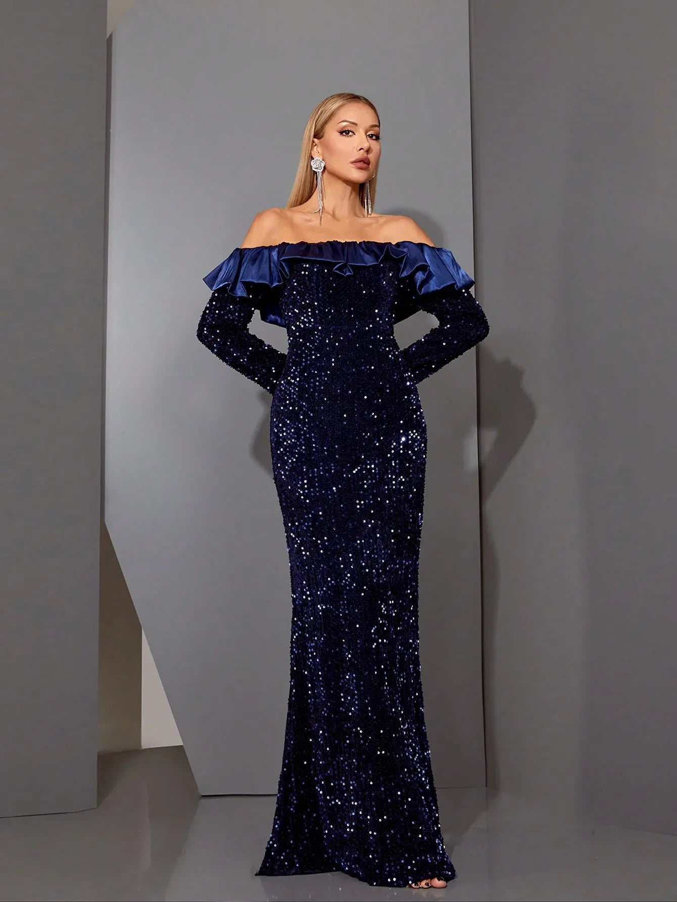 Navy Sequin Off-Shoulder Gown – Long Sleeve Formal Dress