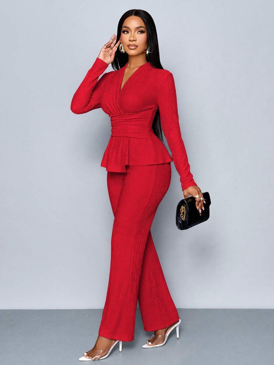 Women’s V-Neck Long Sleeve Top and Wide Leg Pants Set