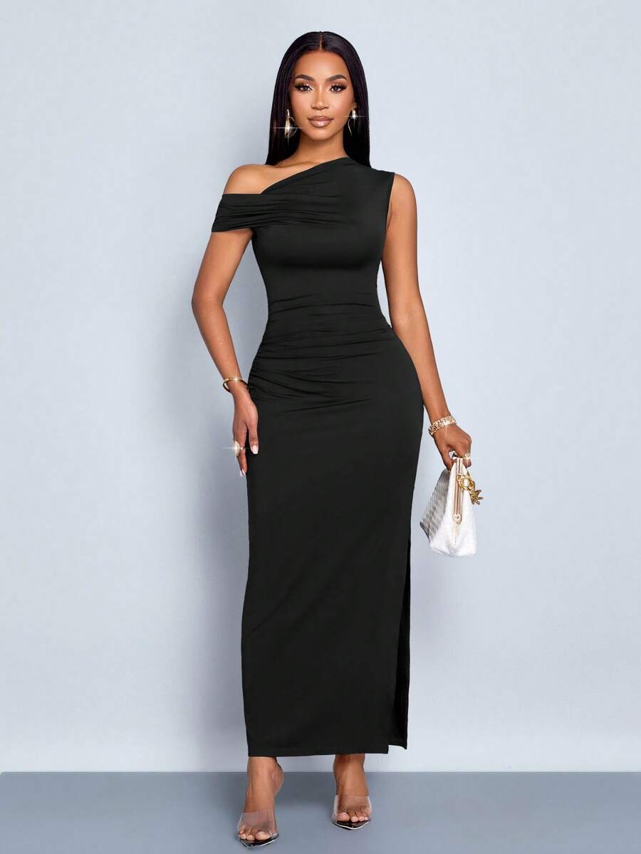 Women’s Asymmetric Oblique-Shoulder Bodycon Dress