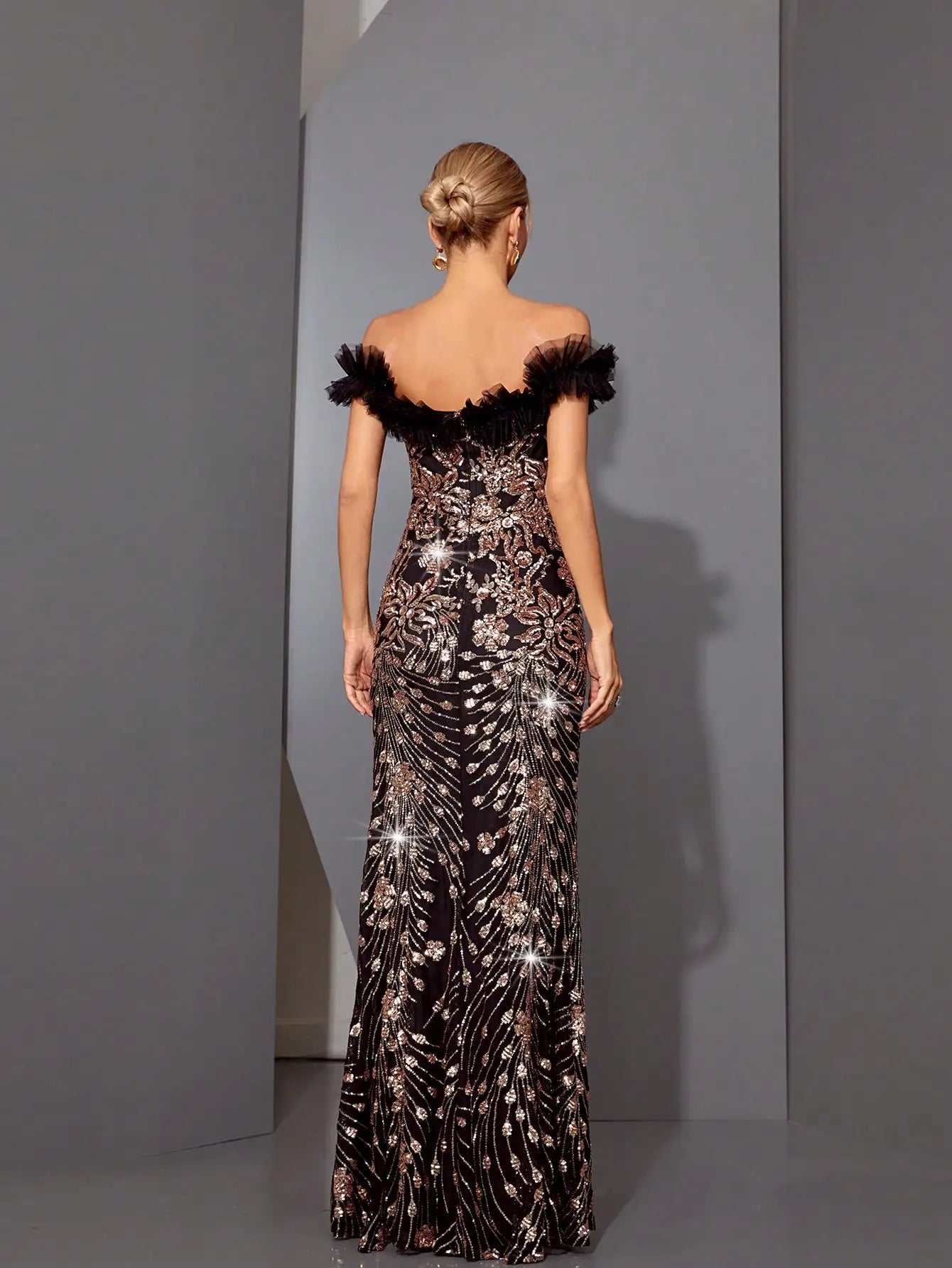 Off-Shoulder Black Sequin Fishtail Evening Dress