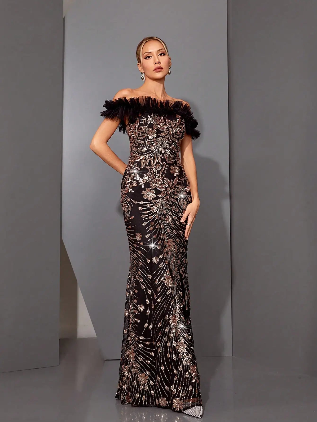 Off-Shoulder Black Sequin Fishtail Evening Dress