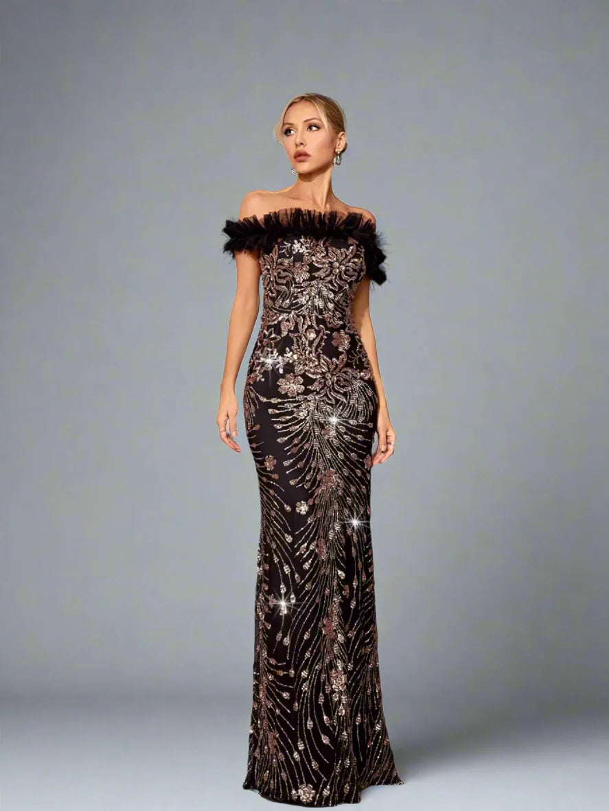 Off-Shoulder Black Sequin Fishtail Evening Dress