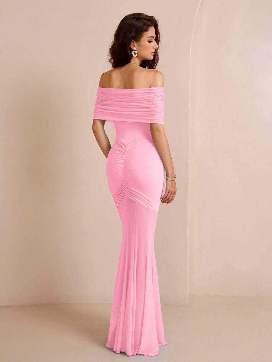 Off Shoulder Maxi Dress – Ruched Mermaid Bodycon Evening Gown for Women