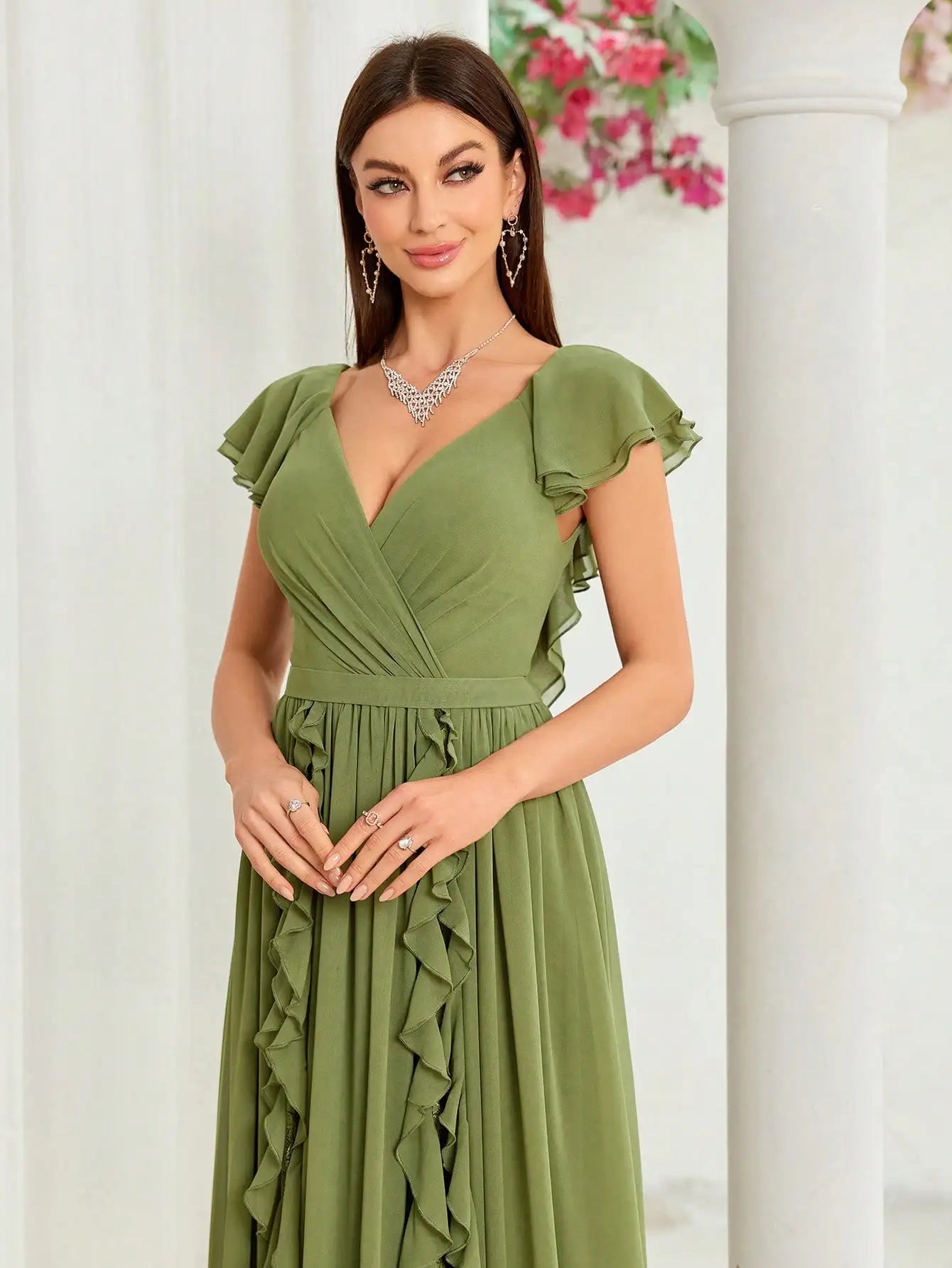 Elegant Olive Green Flutter Sleeve Maxi Dress – Ruffle Chiffon Evening Gown