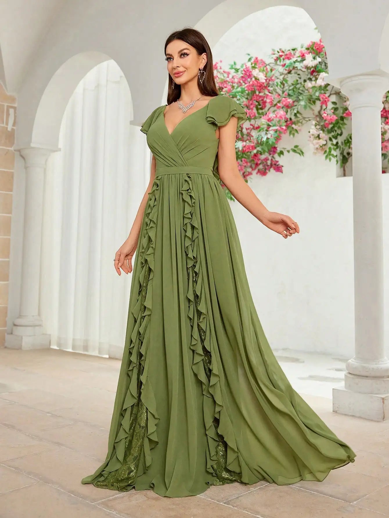 Elegant Olive Green Flutter Sleeve Maxi Dress – Ruffle Chiffon Evening Gown
