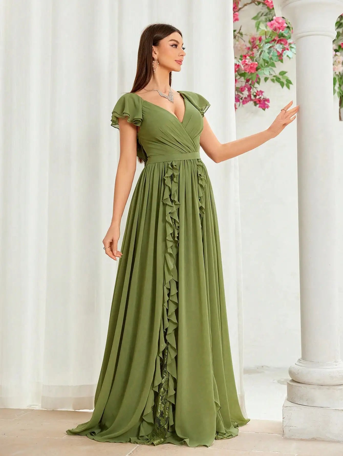 Elegant Olive Green Flutter Sleeve Maxi Dress – Ruffle Chiffon Evening Gown