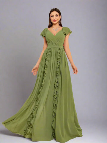 Elegant Olive Green Flutter Sleeve Maxi Dress – Ruffle Chiffon Evening Gown