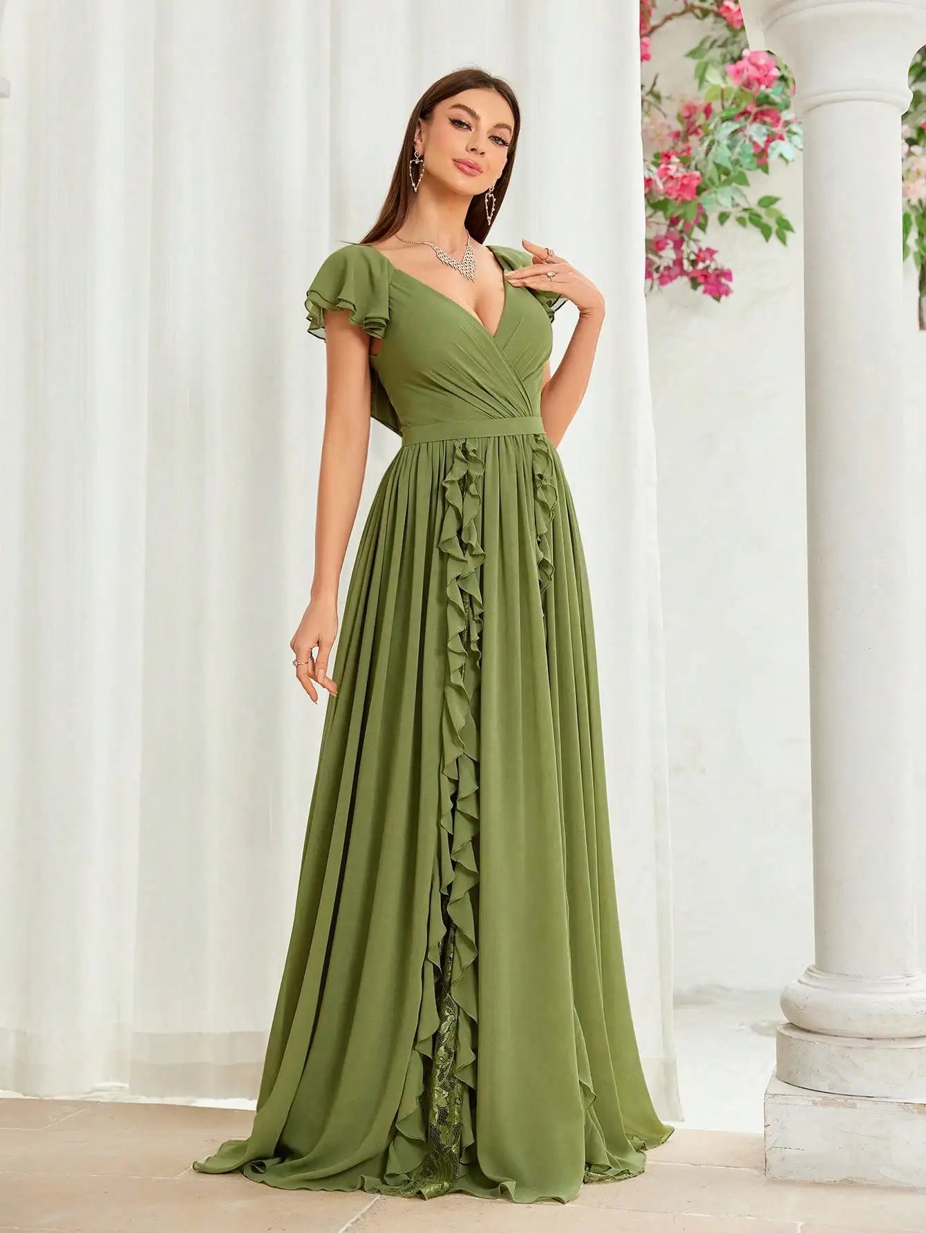 Elegant Olive Green Flutter Sleeve Maxi Dress – Ruffle Chiffon Evening Gown