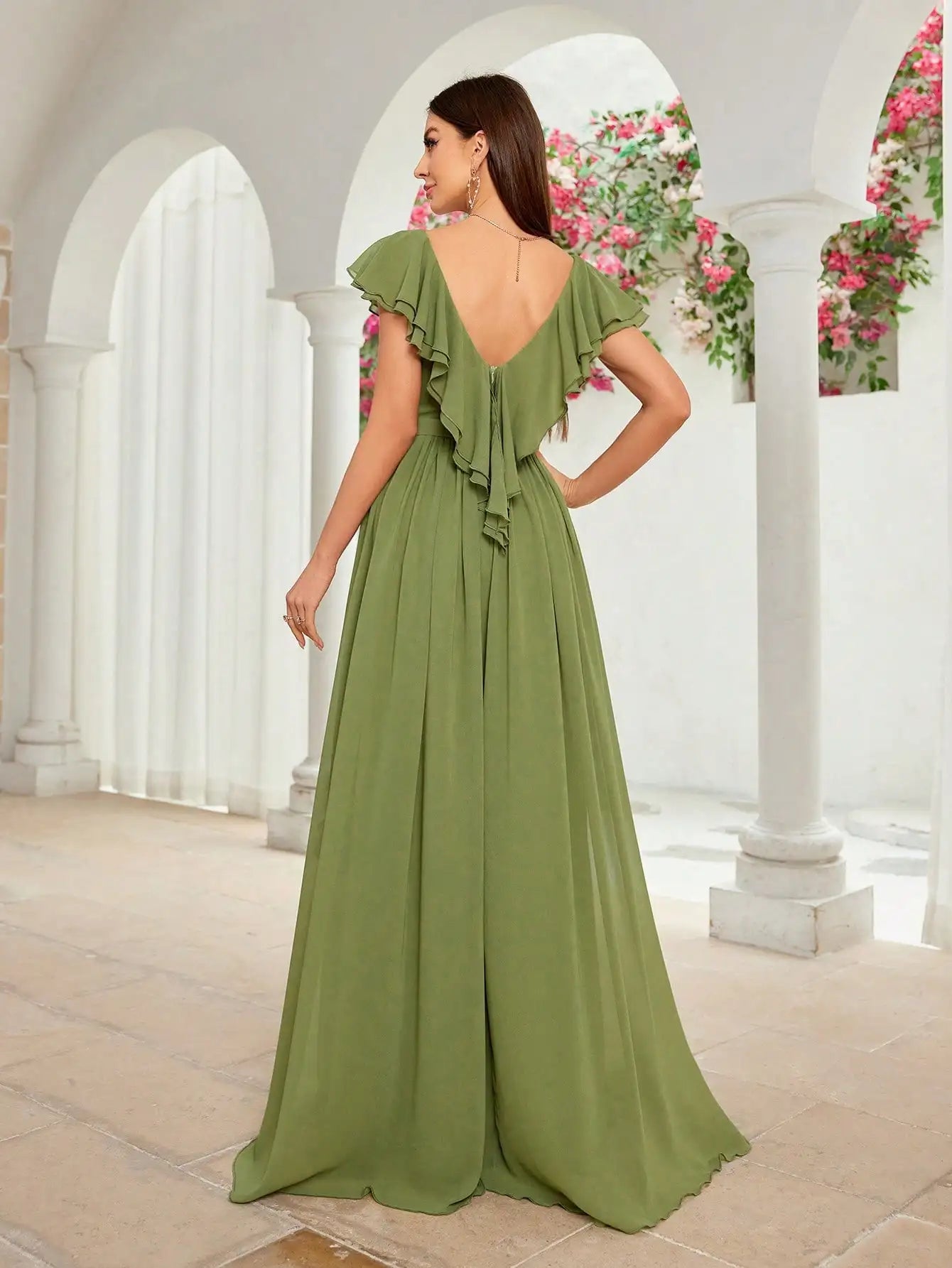 Elegant Olive Green Flutter Sleeve Maxi Dress – Ruffle Chiffon Evening Gown