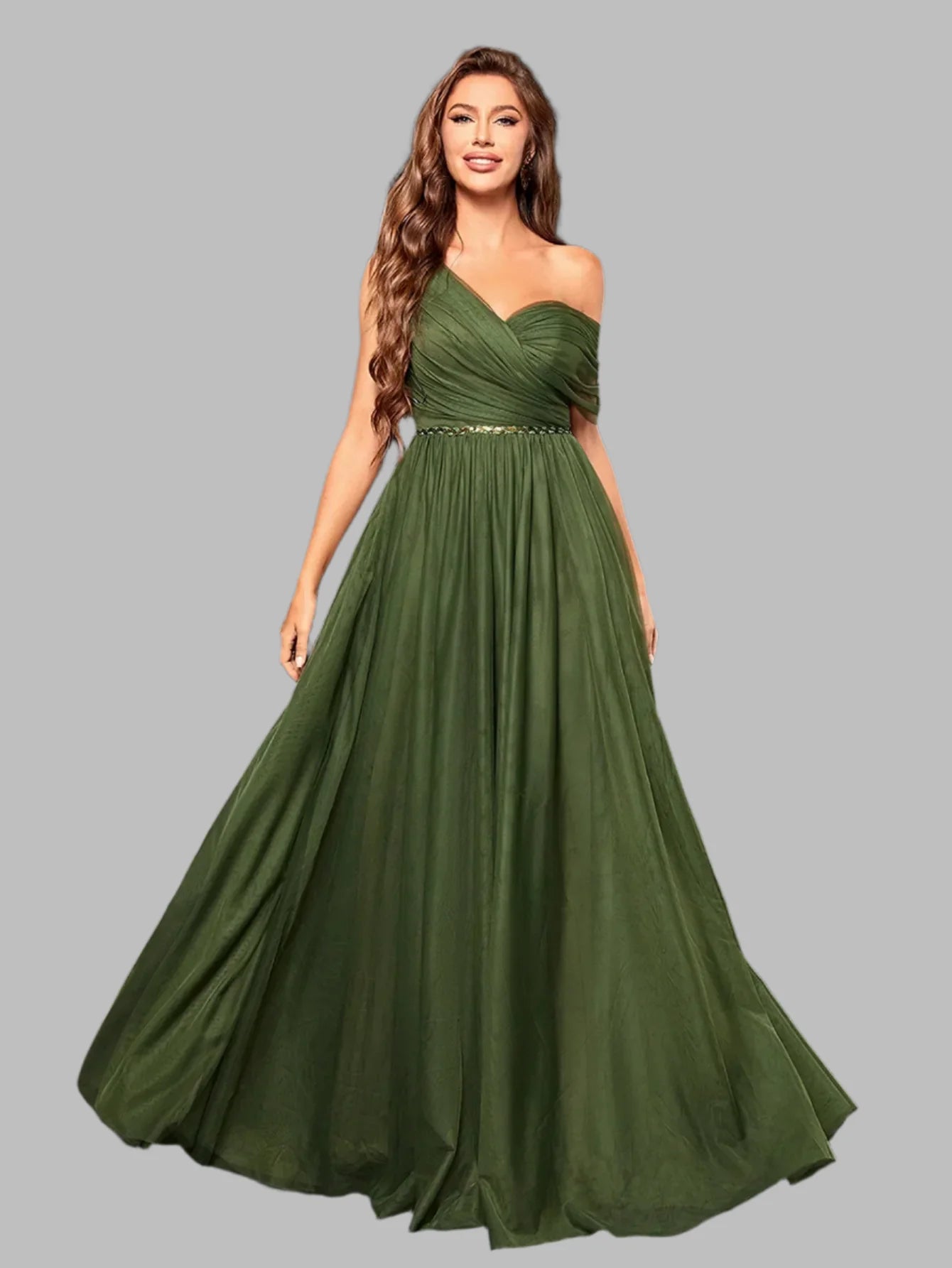 Elegant Olive Green One-Shoulder Chiffon Evening Gown