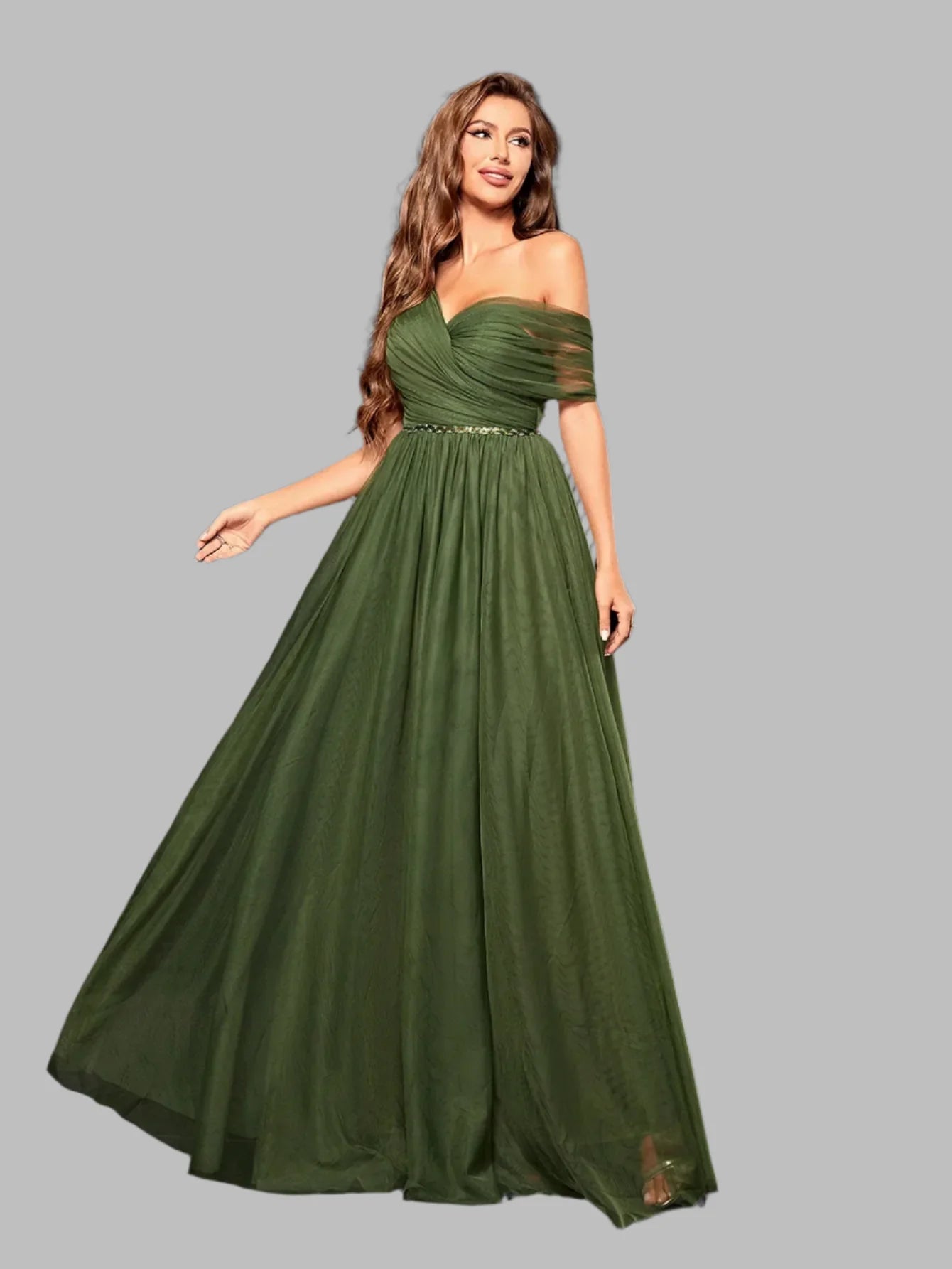 Elegant Olive Green One-Shoulder Chiffon Evening Gown