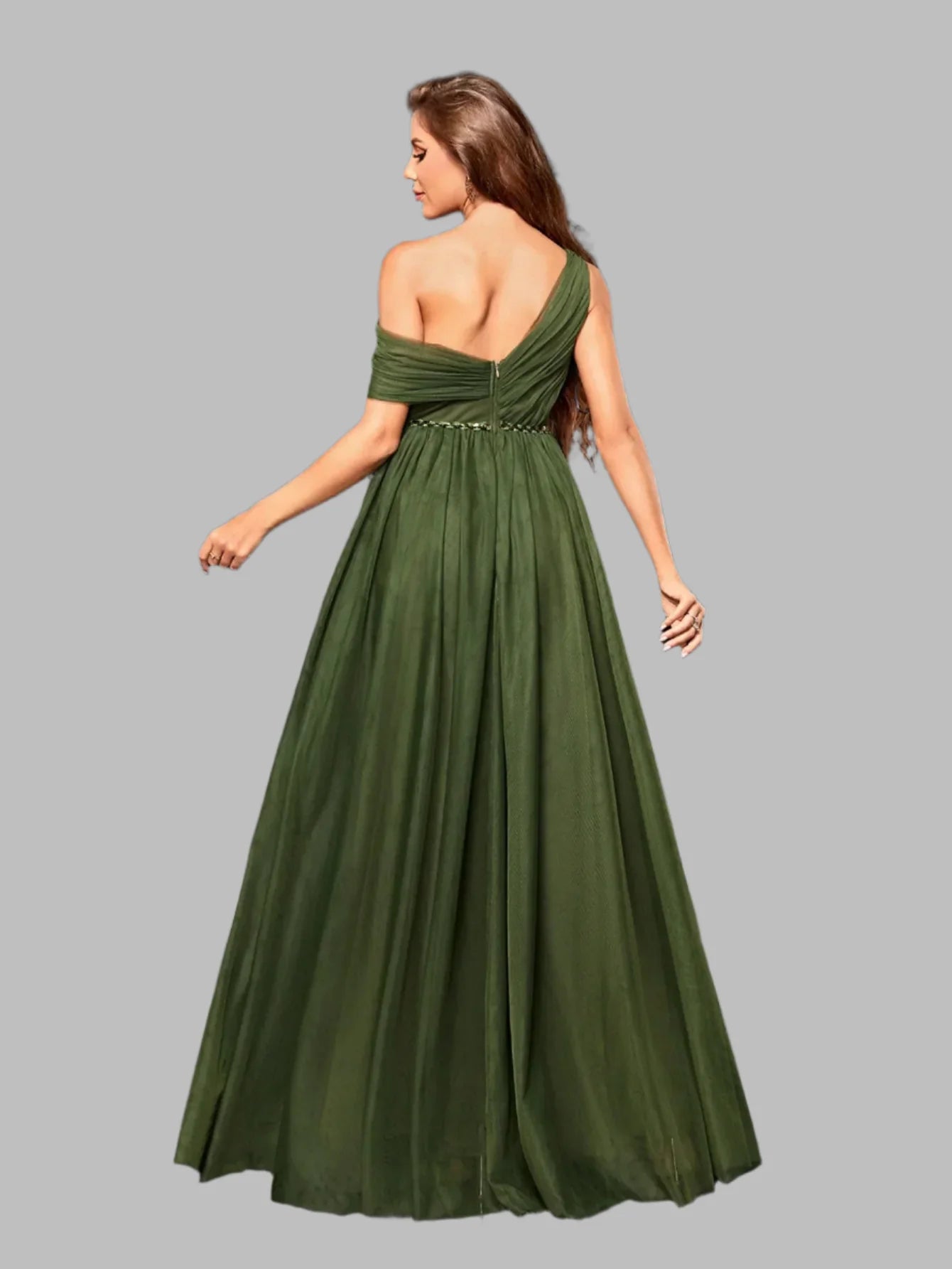 Elegant Olive Green One-Shoulder Chiffon Evening Gown