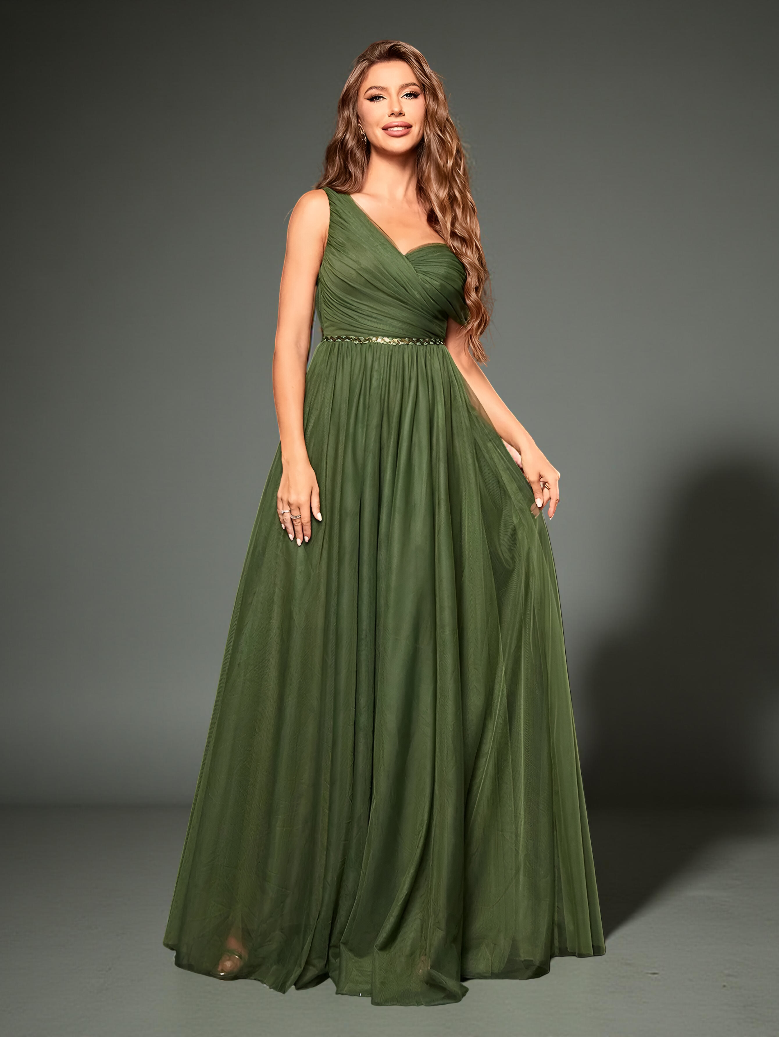 Elegant Olive Green One-Shoulder Chiffon Evening Gown