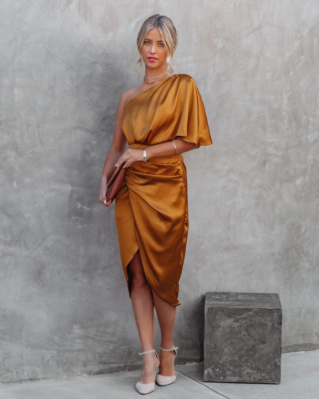 One-Shoulder Satin Midi Dress with Slit