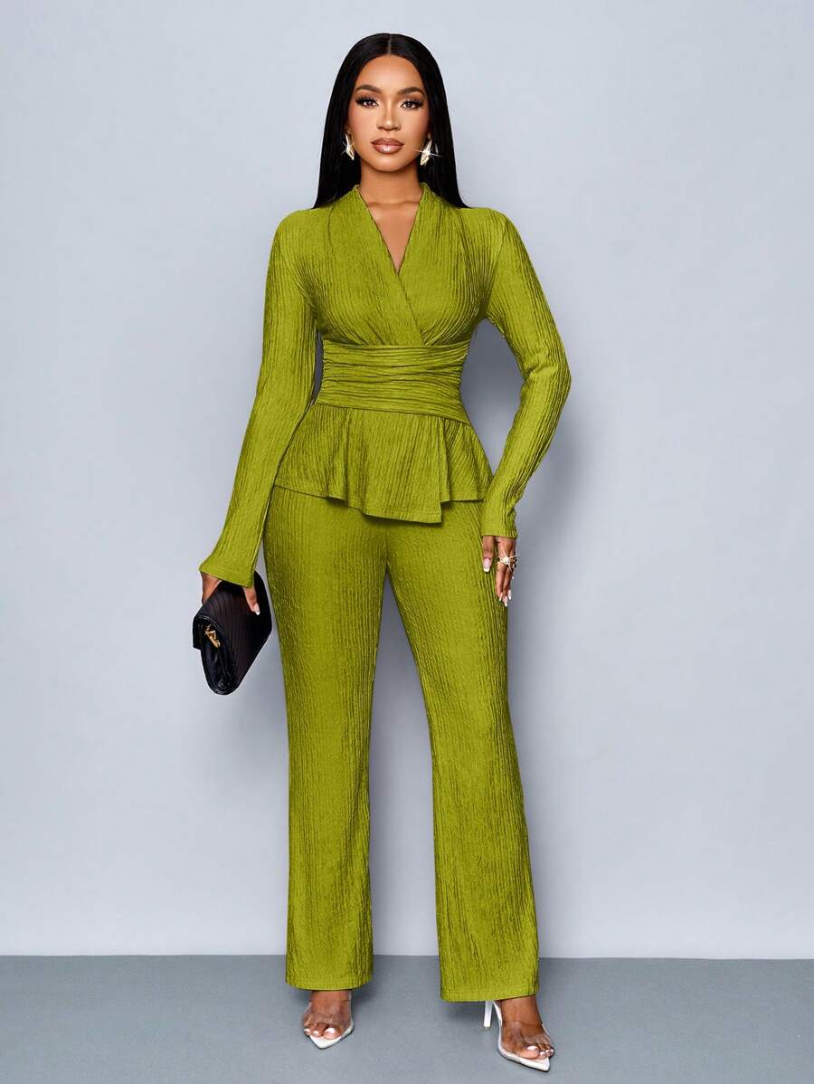 Women’s V-Neck Long Sleeve Top and Wide Leg Pants Set
