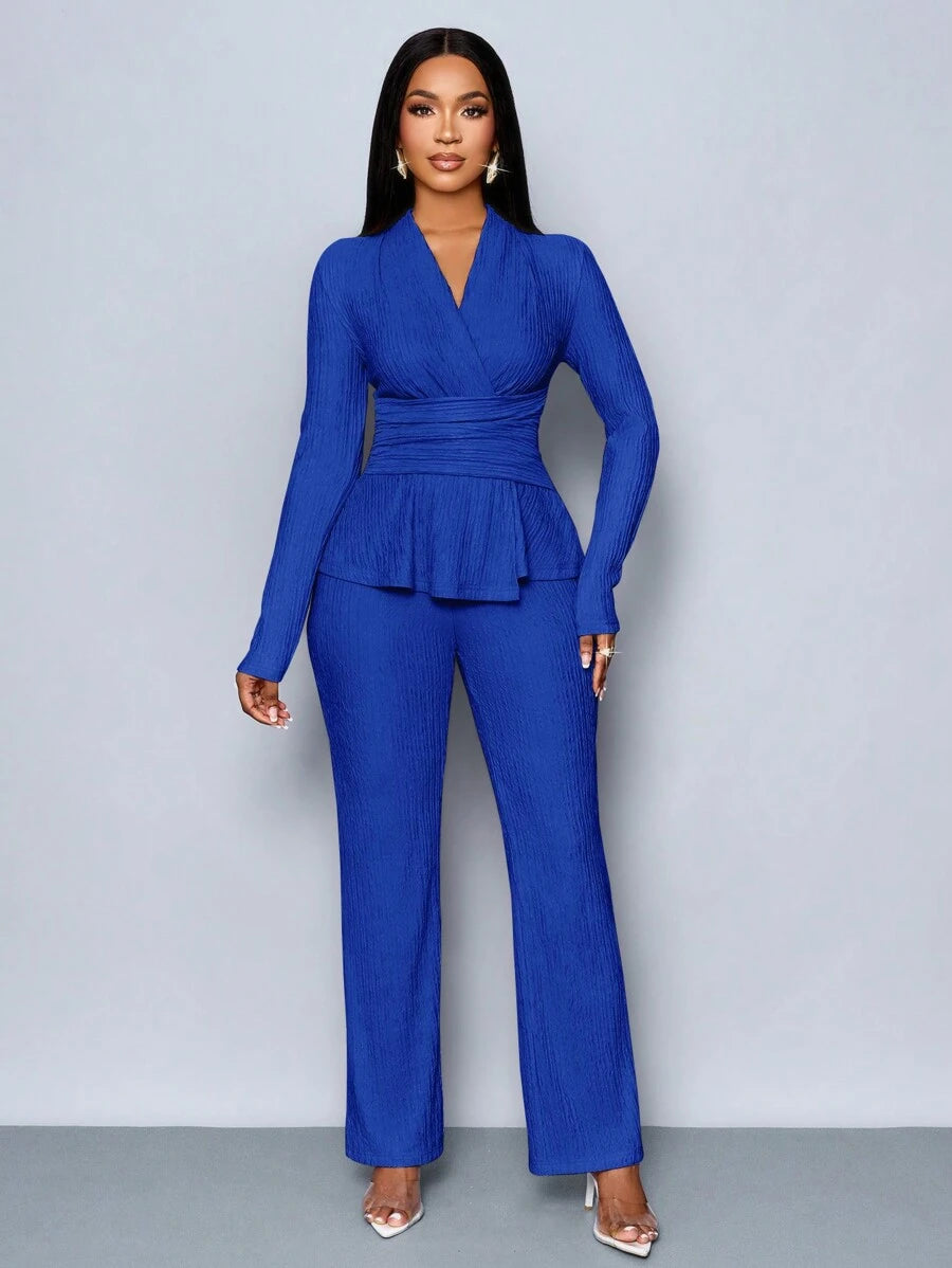 Women’s V-Neck Long Sleeve Top and Wide Leg Pants Set