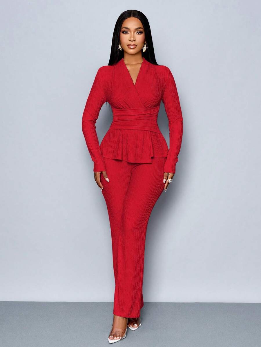 Women’s V-Neck Long Sleeve Top and Wide Leg Pants Set